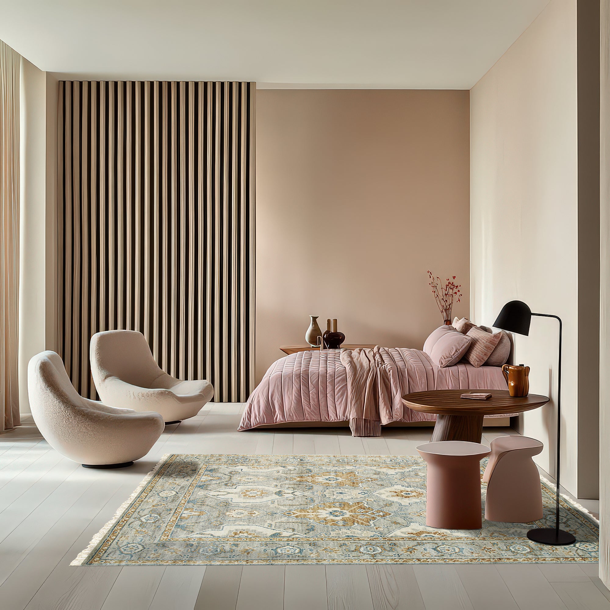 Freya Oushak Green Hand Knotted Wool Rug, a verdant and intricately patterned wool rug, anchoring a living room with warm hardwood floors and a neutral sofa, bathed in soft natural light.