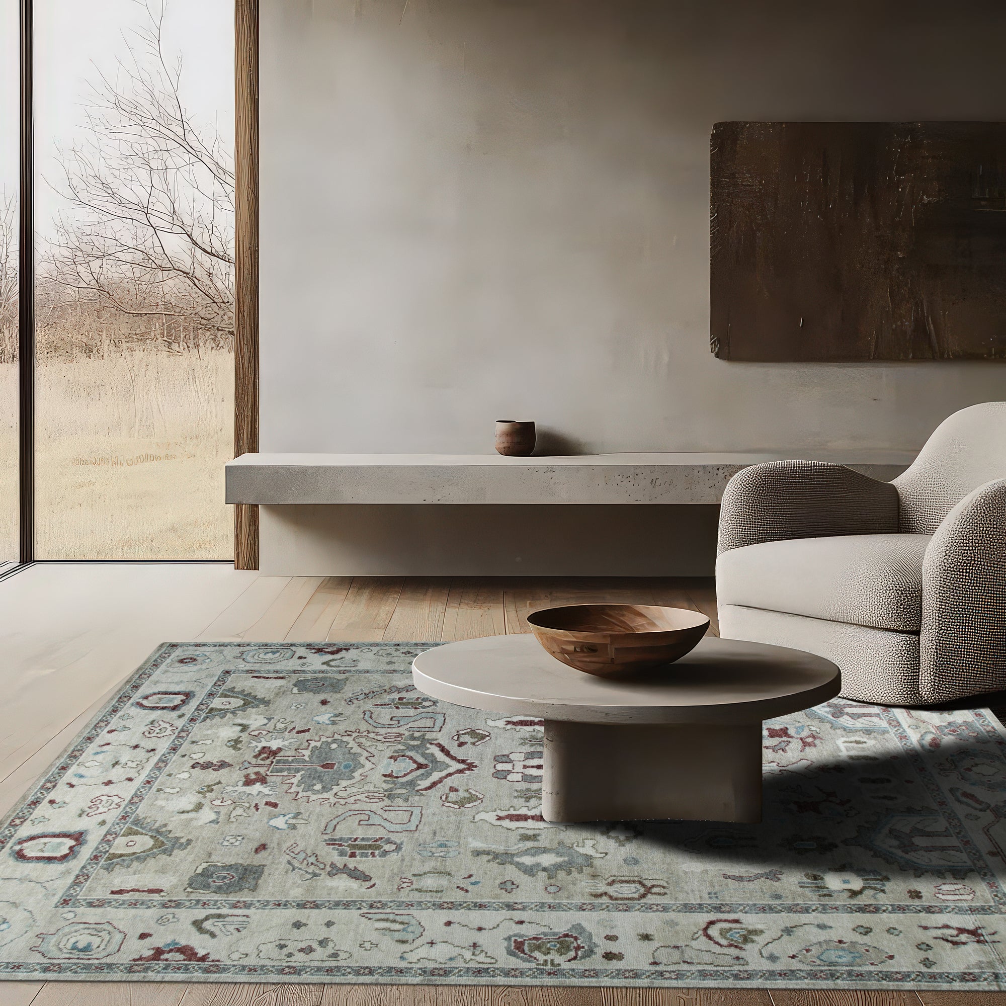 Versatile Oushak Ivory Hand Knotted Wool Rug, a soft ivory wool rug with a traditional Oushak design, grounding a light and airy living room setting.