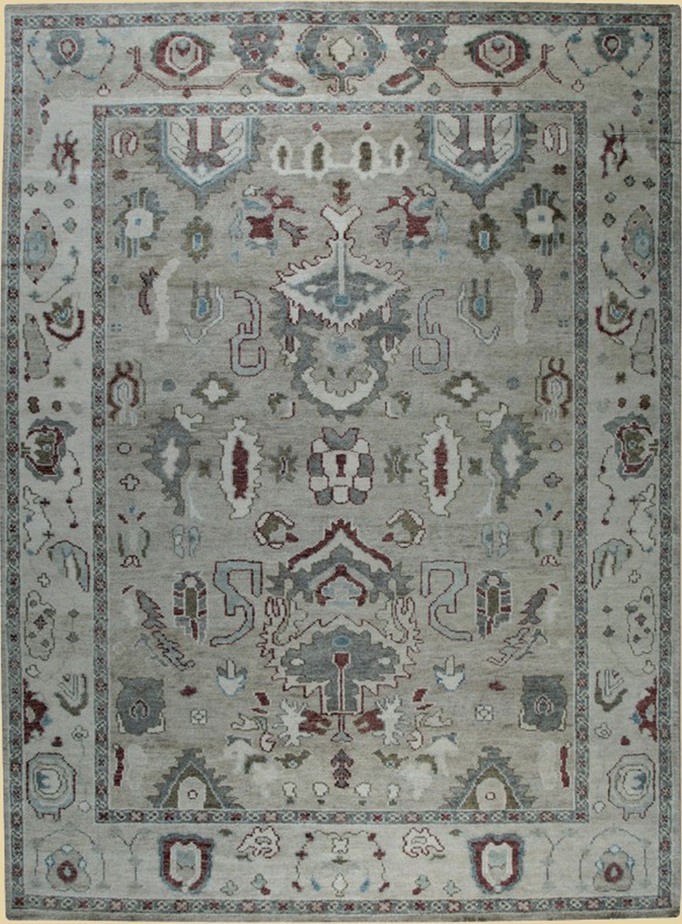 Isolated view of Versatile Oushak Ivory Hand Knotted Wool Rug, showcasing its intricate floral and geometric design.