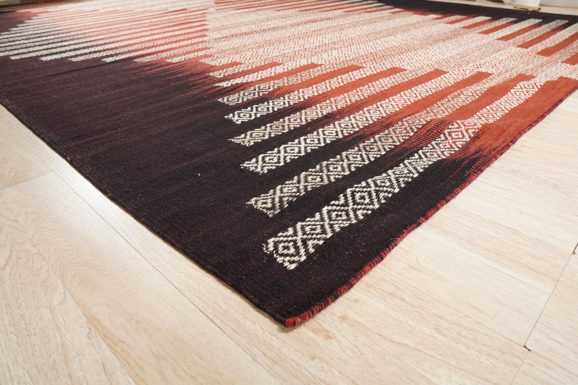 Dazzling Sleek Red Flatweave Wool Rug, bold red flatweave adding vibrant energy to a modern living room.