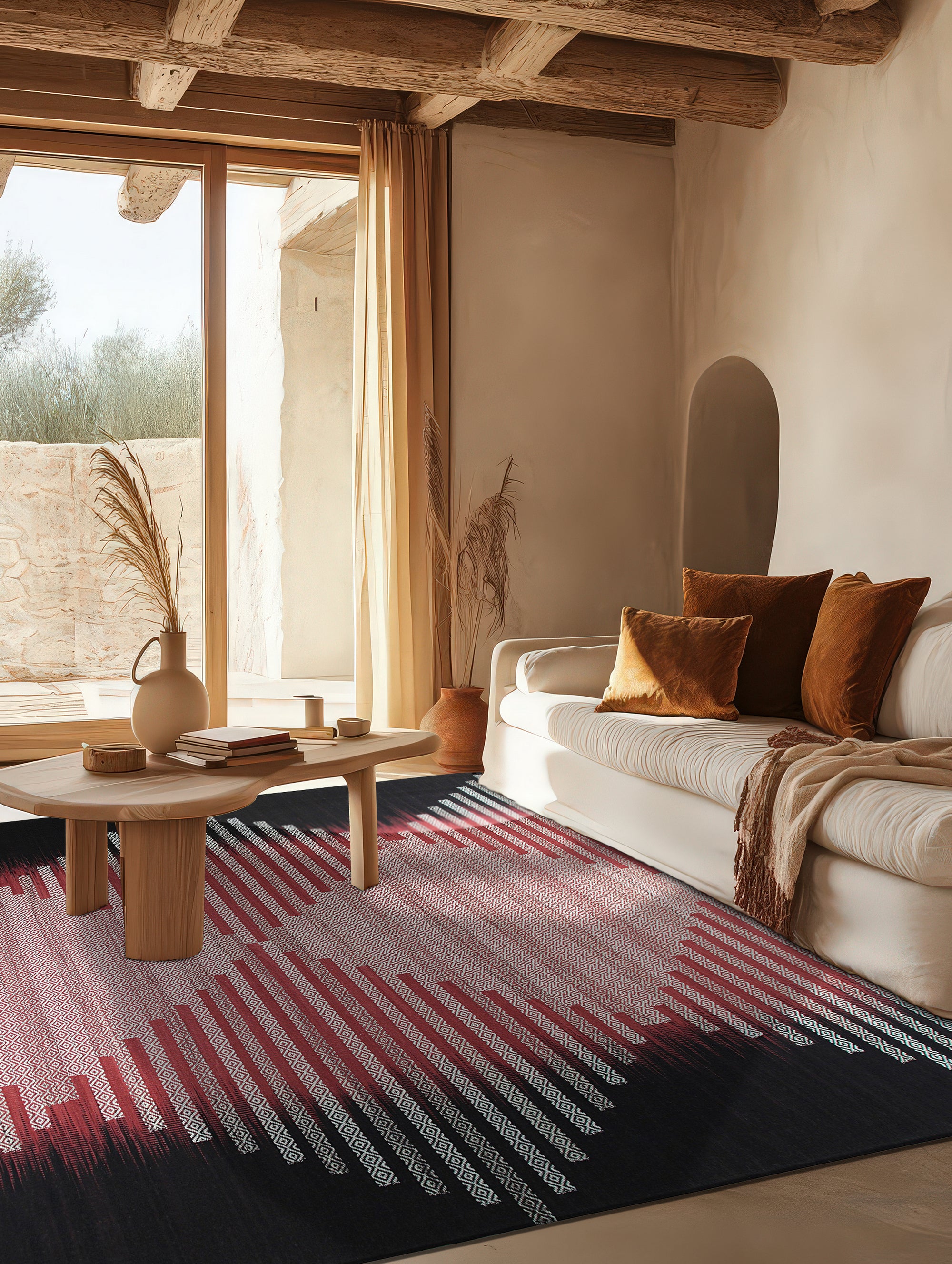 Dazzling Sleek Red Flatweave Wool Rug, showcasing its vibrant red hue and flatweave construction, complements a modern living space with light wood flooring and neutral furniture.
