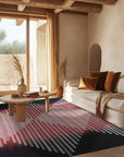 Dazzling Sleek Red Flatweave Wool Rug, showcasing its vibrant red hue and flatweave construction, complements a modern living space with light wood flooring and neutral furniture.