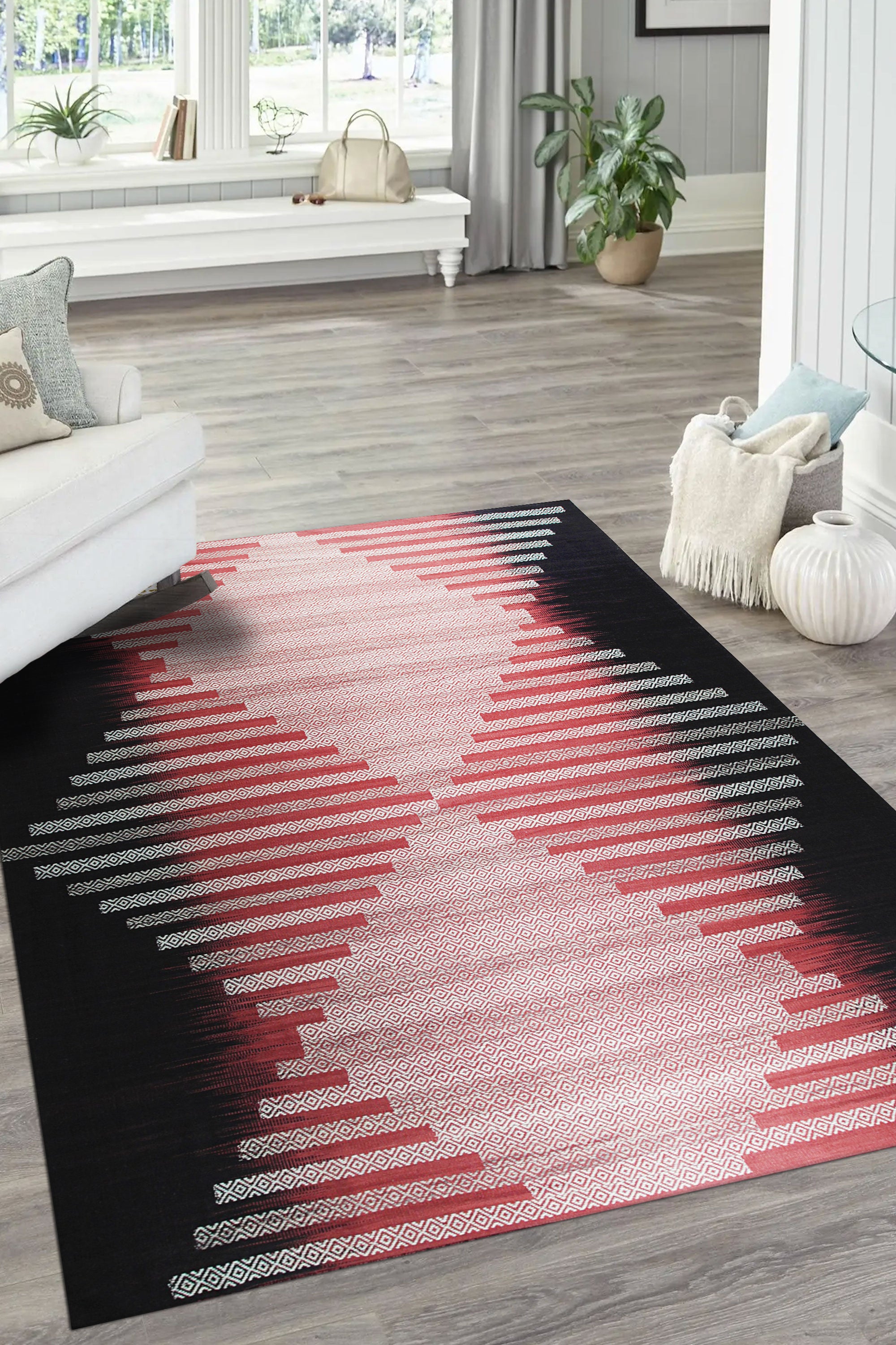 Dazzling Sleek Red Flatweave Wool Rug, vibrant red wool flatweave, complements a modern living space with light wood flooring and neutral furniture.