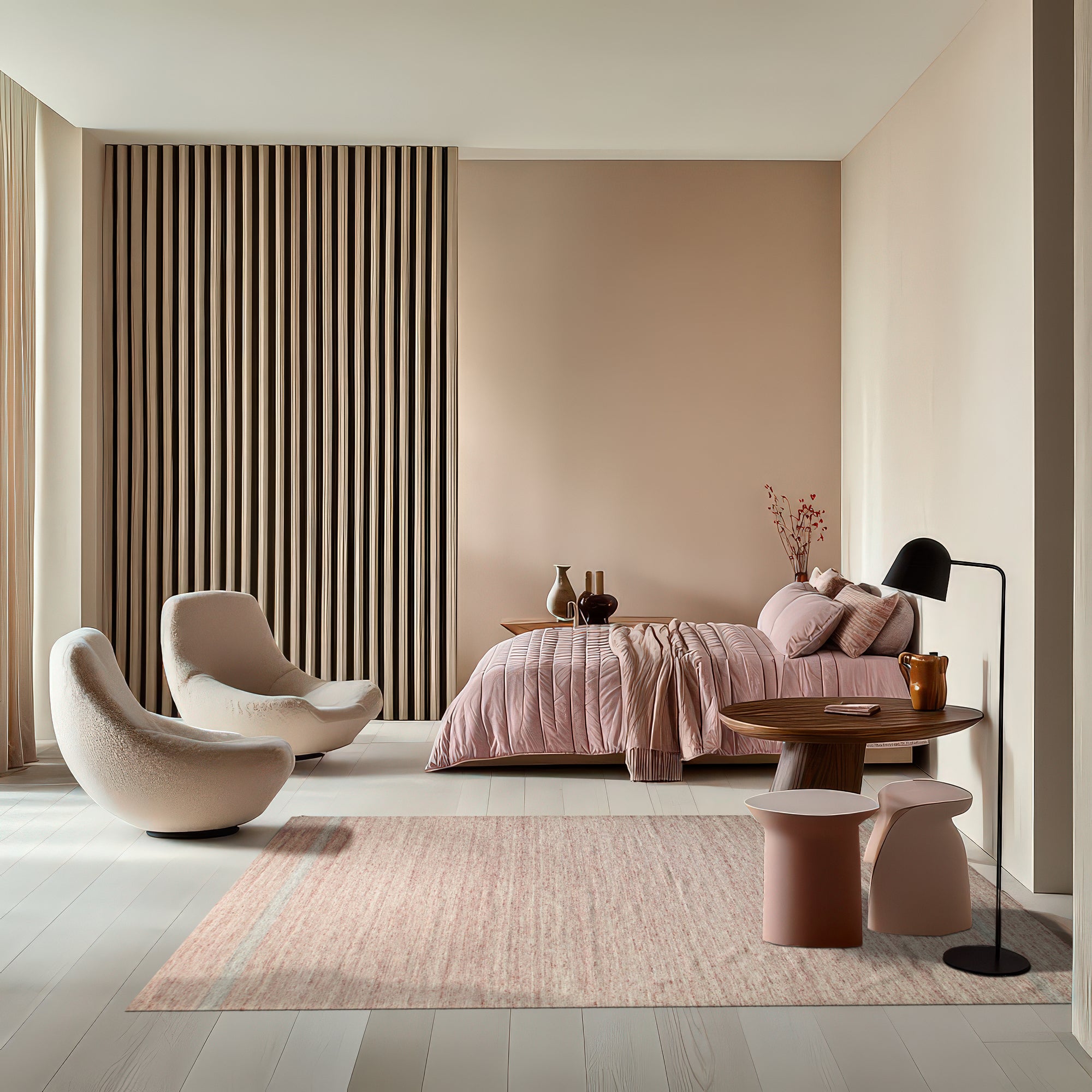 Rhea Selene Pink Flatweave Wool Rug, showcasing its soft, blush-pink hues and flatweave texture in a bright, naturally lit room.