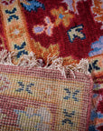 Burgundy Oushak rug hand-knotted back and fringe detail