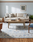 Captivating Timeless Light Blue Hand Knotted Wool Rug in a living room