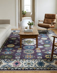 Cassandra Kazak Purple Hand Knotted Wool Rug in a living room
