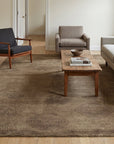 Exquisite Yara Brown Hand Knotted Wool Rug in a living room
