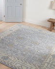 Harlow Traditional Blue and Gray Hand Knotted Wool Rug in a entryway