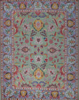 Light green Oushak floral hand-knotted wool area rug, full overhead view