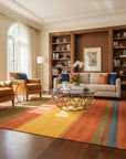 Multicolor striped Gabbeh handmade wool area rug styled in a living room