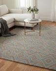 Gray transitional trellis handmade wool and viscose area rug styled in a living room