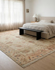 Peshawar Hand Knotted Wool Rug, Gold and Rust Oushak Design styled in a bedroom