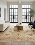 Peshawar Hand Knotted Wool Rug, Gold and Rust Oushak Design styled in a living room