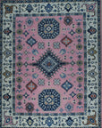 Pink and ivory traditional Kazak hand-knotted wool rug, full overhead view