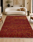 Red abstract sari-silk Anand rug in a contemporary living room