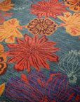 Teal contemporary floral rug angled field detail with bold blossoms