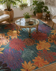 Teal multicolor contemporary floral rug styled in a sunroom