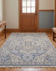 Unique Comfortable Blue Hand Knotted Wool Rug in a entryway