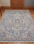 Unique Comfortable Blue Hand Knotted Wool Rug in a entryway