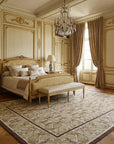 Vintage Aubusson Flat Weave Rug, Beige Renaissance Scroll styled in a bedroom