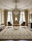 Vintage Aubusson Flat Weave Rug, Beige Renaissance Scroll styled in a living room