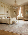 Vintage Aubusson Flat Weave Rug, Beige Rose Bouquet styled in a bedroom