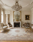 Vintage Aubusson Flat Weave Rug, Beige Rose Bouquet styled in a living room