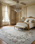 Vintage Aubusson Flat Weave Rug, Grey Grapevine Trellis styled in a bedroom