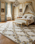 Vintage Aubusson Flat Weave Rug, Ivory Grapevine Lattice styled in a bedroom