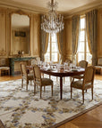 Vintage Aubusson Flat Weave Rug, Ivory Grapevine Lattice styled in a dining room