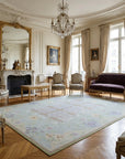Vintage Aubusson flat weave rug styled in a living room