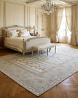 Vintage Aubusson Flat Weave Rug, Lilac Grey Fern and Vine Stripe styled in a bedroom