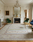 Vintage Aubusson Flat Weave Rug, Lilac Grey Fern and Vine Stripe styled in a living room