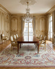 Vintage Aubusson Flat Weave Rug, Louis XV Rosette Medallion styled in a dining room