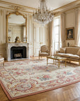 Vintage Aubusson Flat Weave Rug, Louis XV Rosette Medallion styled in a living room