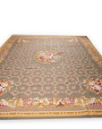 Vintage Aubusson Flat Weave Rug, Olive Green Star Lattice