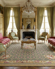 Vintage Aubusson flat weave rug styled in a living room