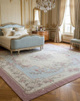 Vintage Aubusson Flat Weave Rug, Pastel Rose Bouquet styled in a bedroom