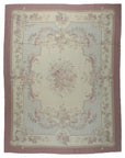 Vintage Aubusson Flat Weave Wool Rug, Pastel Rose Bouquet