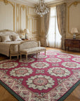 Vintage Aubusson Flat Weave Rug, Raspberry Rosette styled in a bedroom