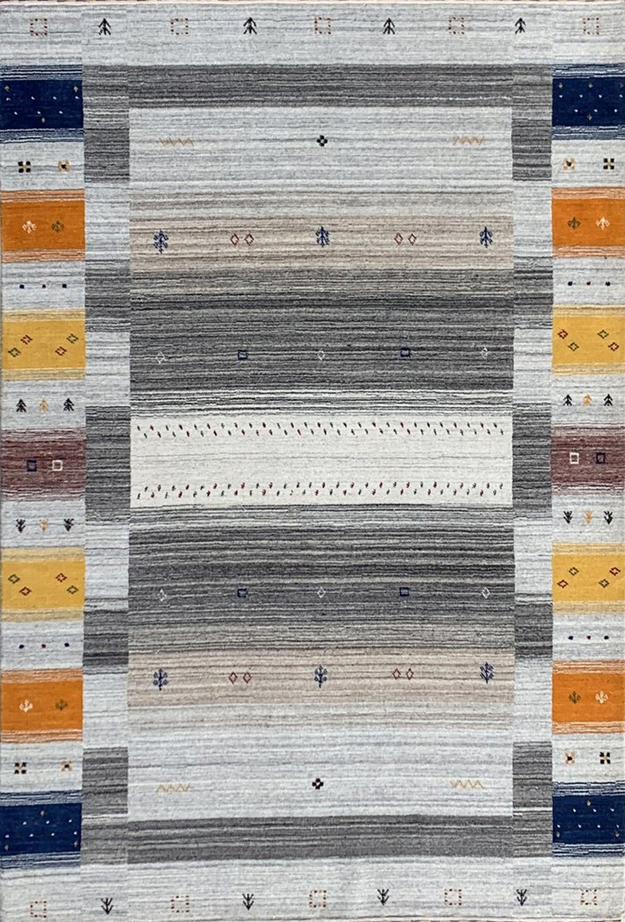 Isolated view of Classic Gabbeh Multicolor Hand Knotted Wool Rug, showcasing its vibrant and geometric design.