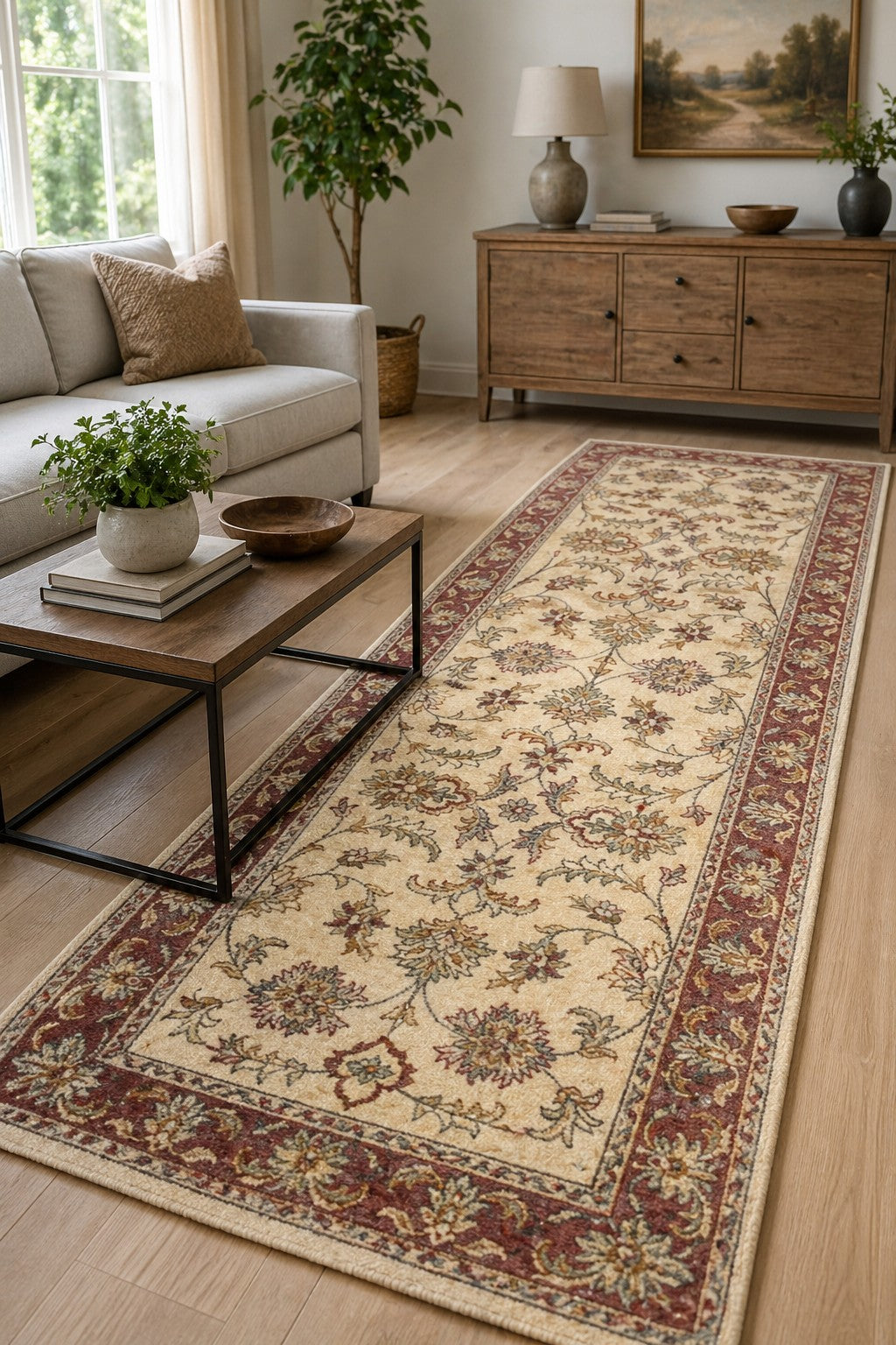 Beautiful Maya Ivory Hand Knotted Wool Rug styled in a modern living room - area rug lifestyle photo