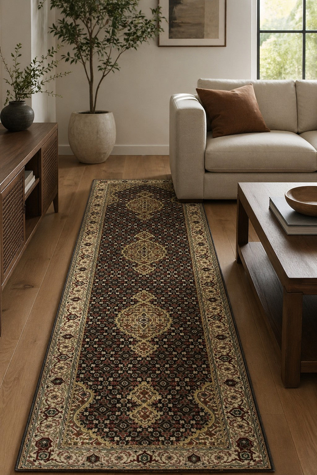 Elena Versatile Brown Hand Knotted Wool Rug styled in a modern living room - area rug lifestyle photo