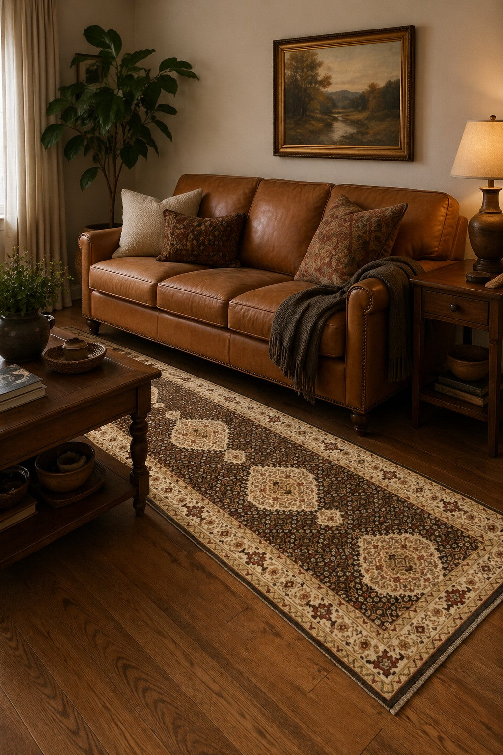 Ophelia Amara Brown Hand Knotted Wool Rug styled in a warm traditional living room - area rug lifestyle photo