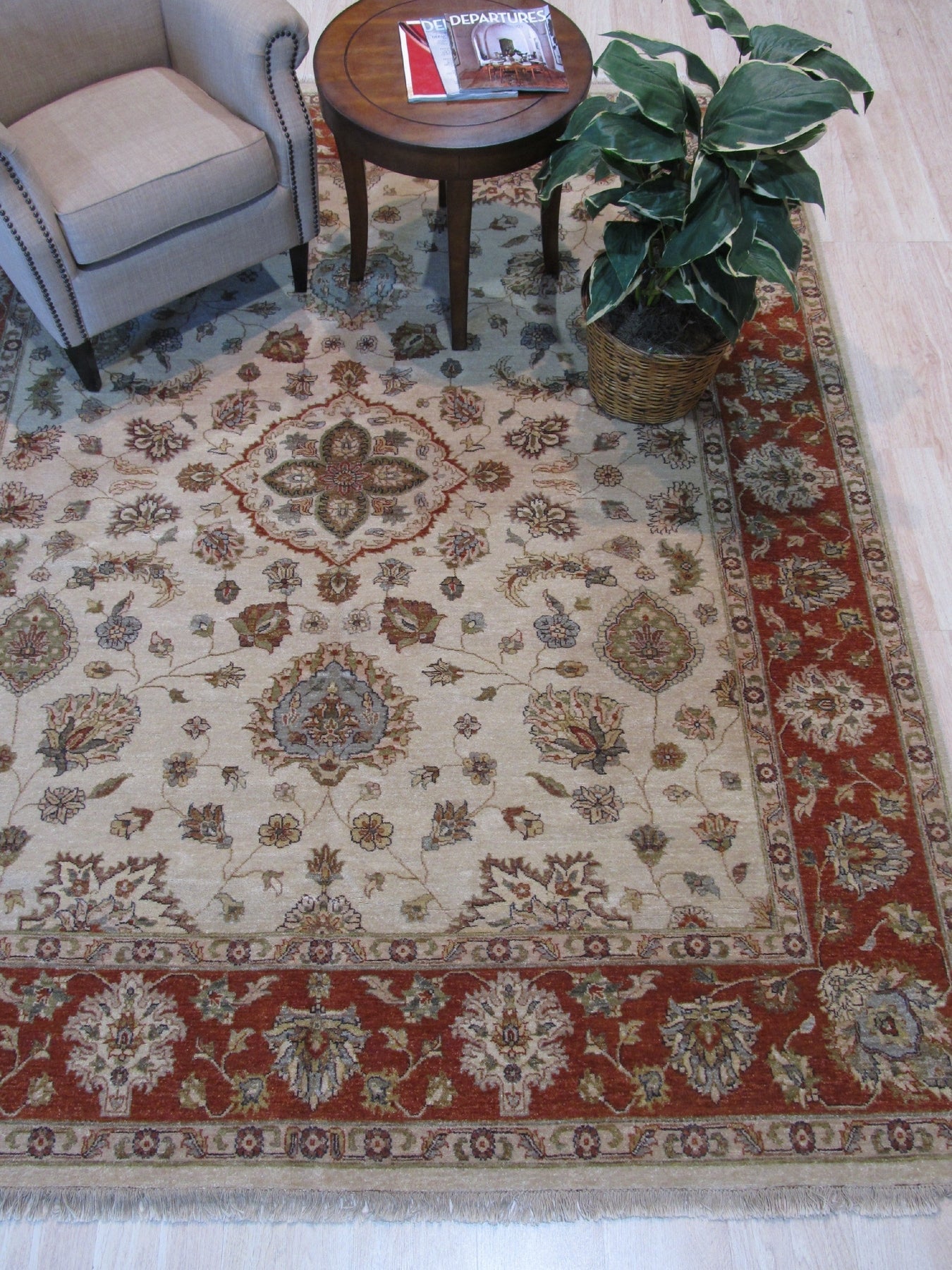 Ivory &amp; Orange Hand Knotted Oriental Agra Rug