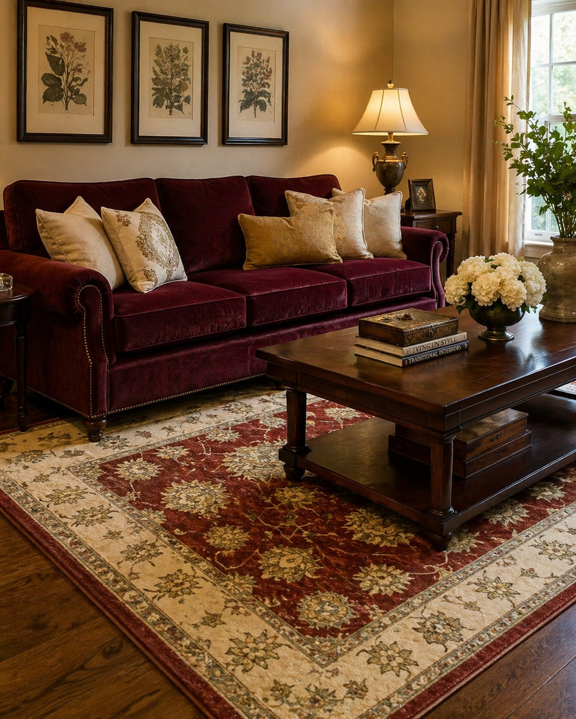 Timeless Oushak Red Hand Knotted Wool area rug styled in a warm traditional living room with burgundy velvet sofa and botanical prints - lifestyle photo