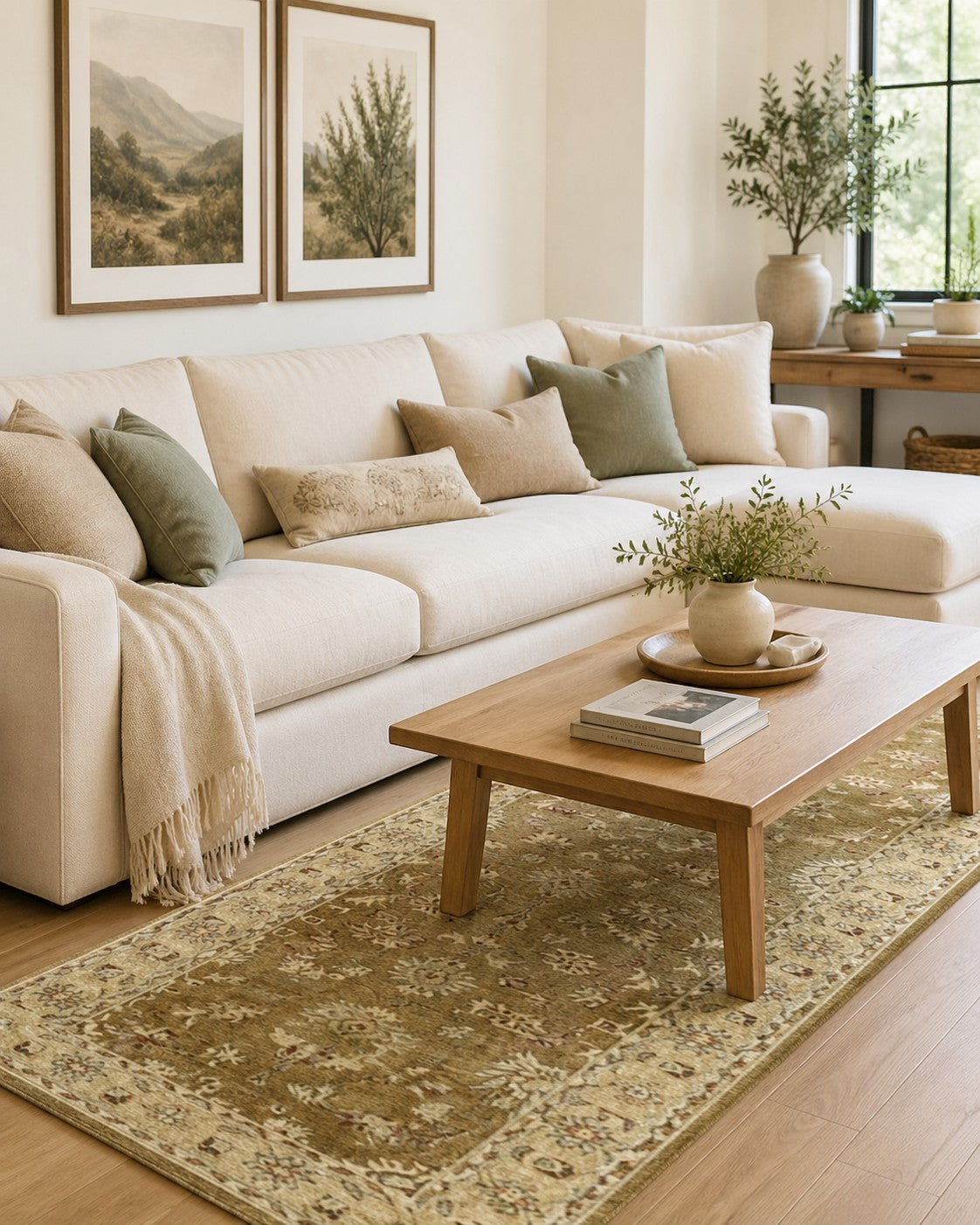 Violet Oriental Beige Hand Knotted Wool area rug styled in a serene neutral living room with cream sofa and sage accents - lifestyle photo