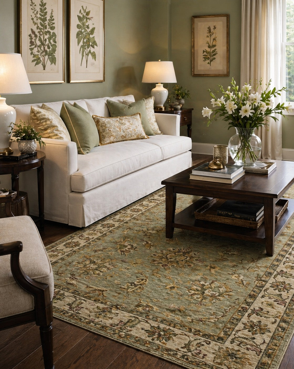 Zinnia Agra Green Hand Knotted Wool Rug in an elegant nature-inspired living room with sage green walls, white linen sofa, and botanical artwork - lifestyle photo