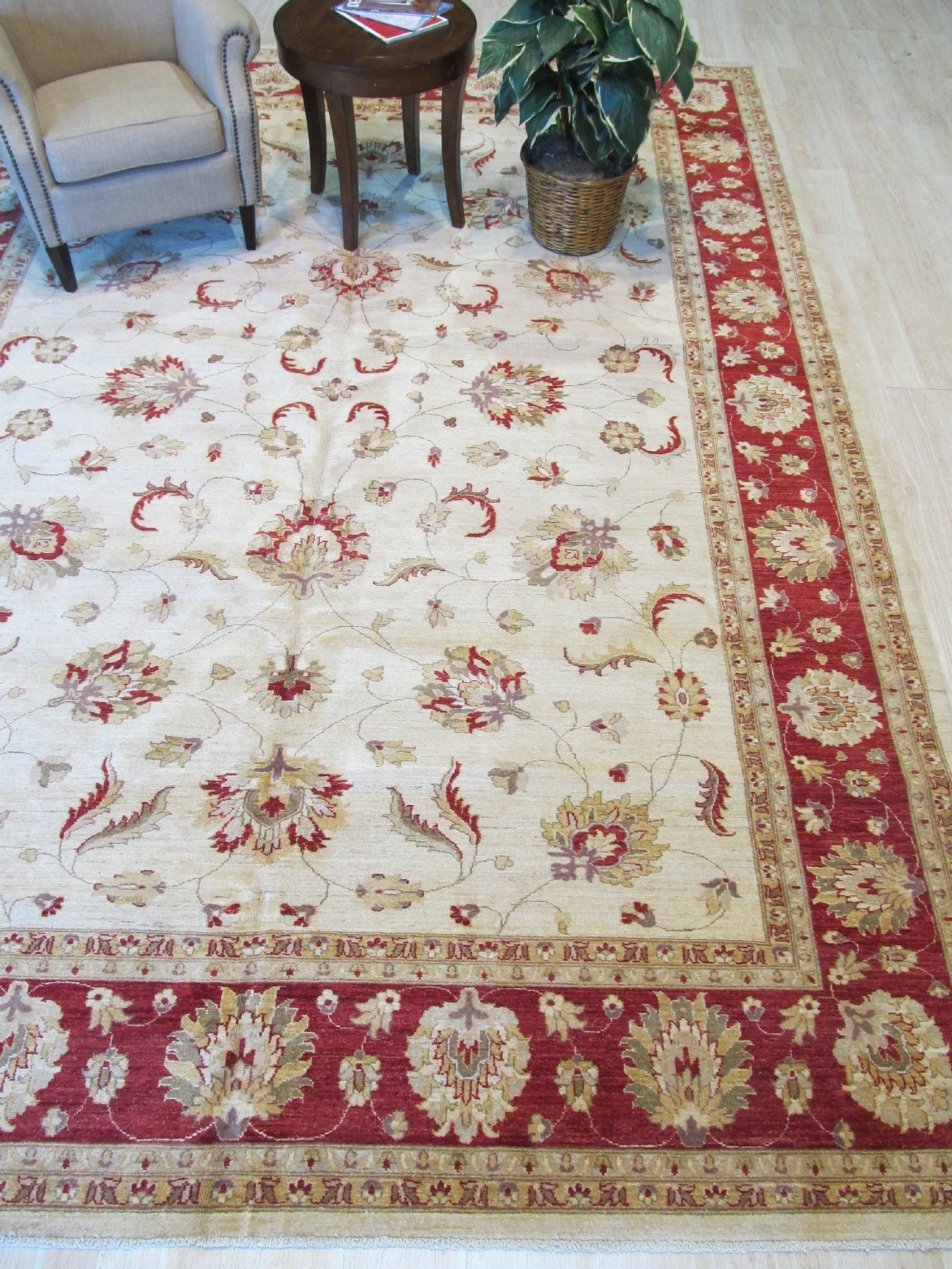 Ivory &amp; Red Hand Knotted Peshawar Rug